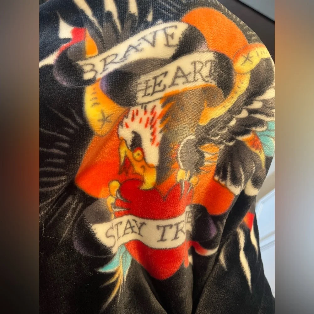 Ed Hardy Black Throw Blanket with Roses Yellow and Red Tattoo Designs